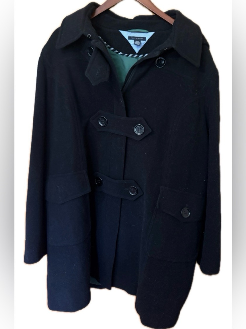 Tommy Hilfiger NWT 24W Black Wool Blend Hooded Coat Plus Size Classic Belted
